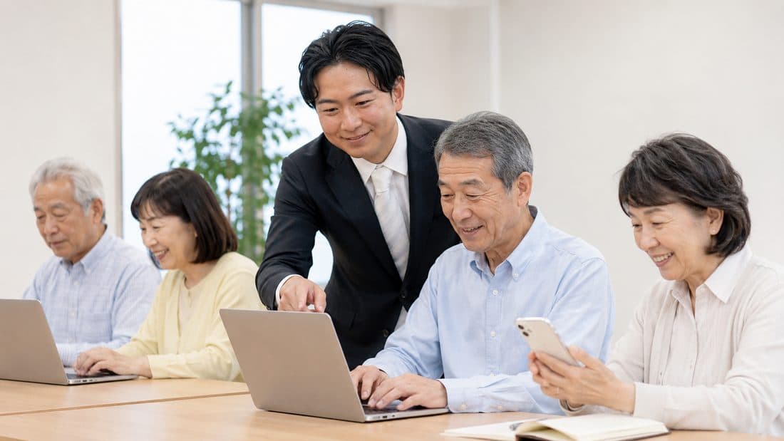 パソコンやスマホでAIを学ぶシニアの方々と講師