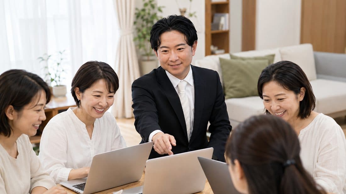 自宅でノートパソコンを使いAIを学ぶ主婦の方々と講師