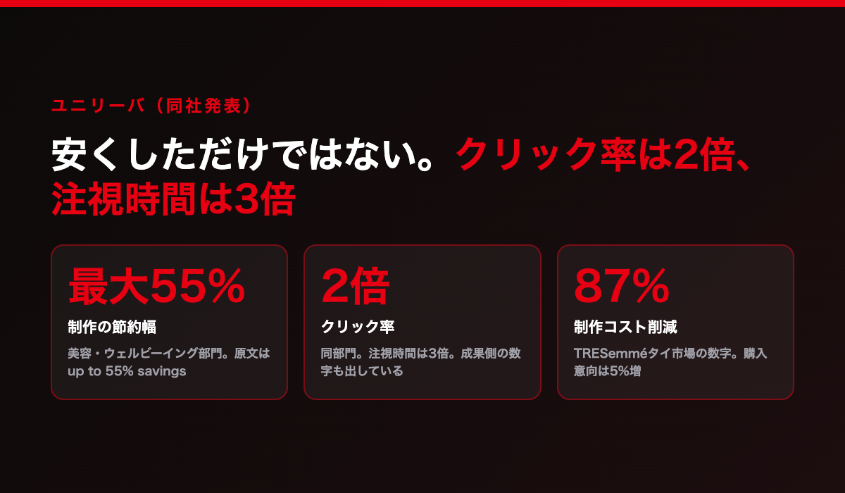 ユニリーバの公表値。美容・ウェルビーイング部門で節約は最大55%、制作は65%高速化、クリック率は2倍、注視時間は3倍。TRESemméタイでは制作コスト87%減