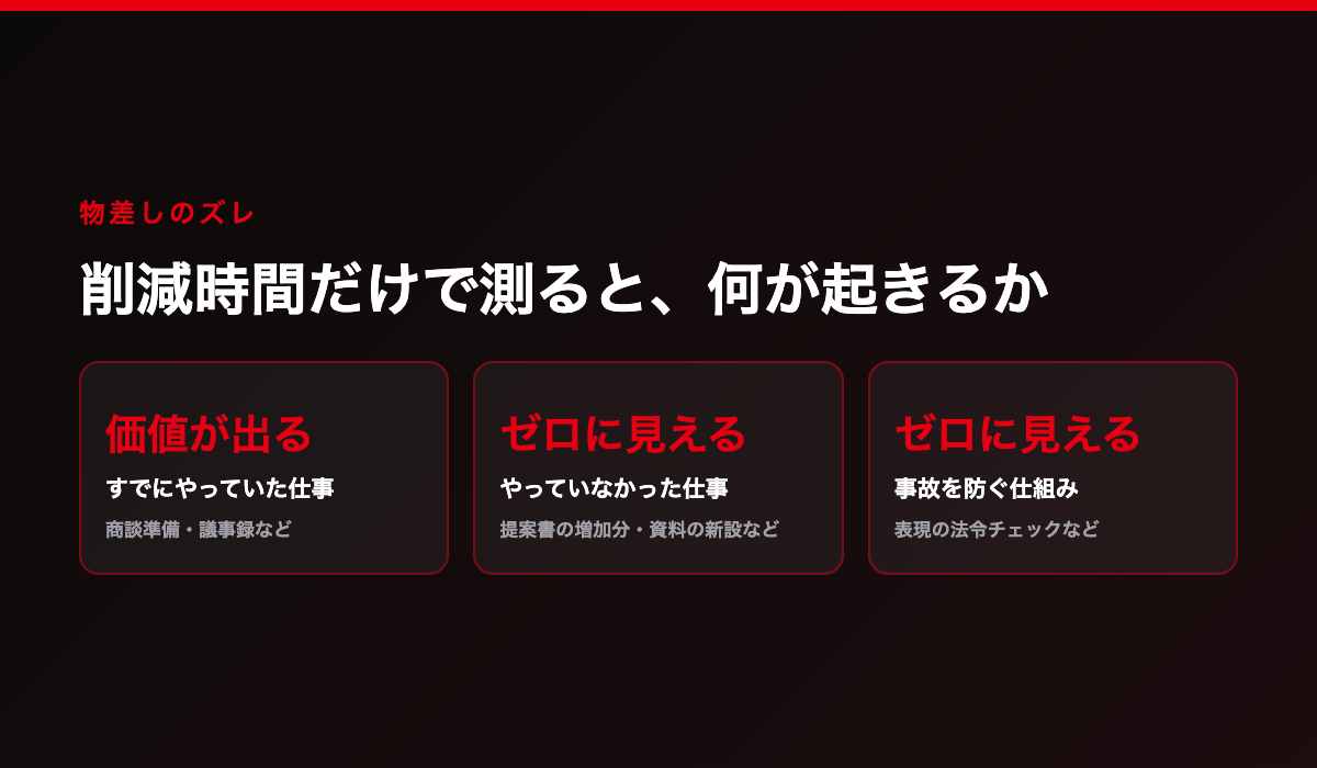 AI化した仕事を削減時間の物差しだけで測ると、すでにやっていた仕事は価値が出る一方、やっていなかった仕事と事故を防ぐ仕組みは価値ゼロと判定される