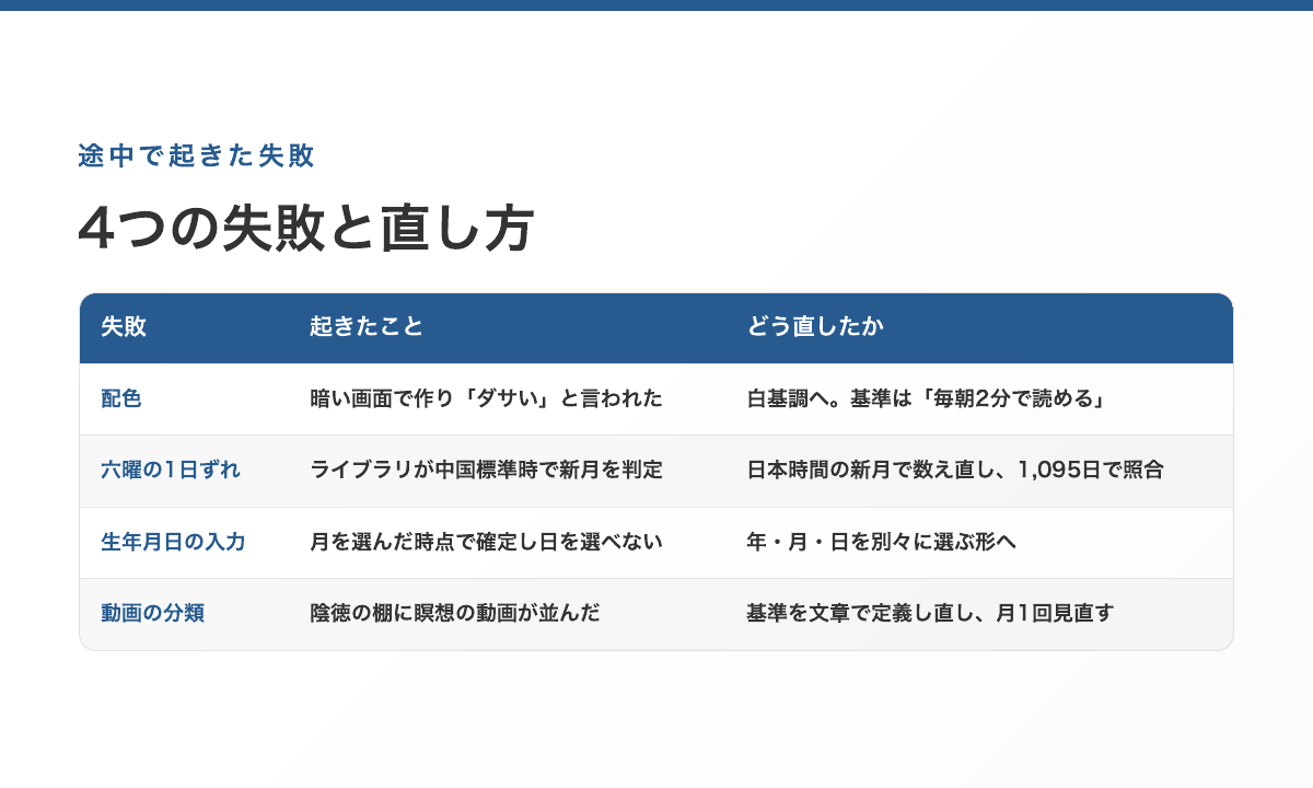 4つの失敗と直し方。配色は白基調へ、六曜のずれは日本時間の新月で数え直し、生年月日は年月日を別々に選ぶ形へ、動画の分類は基準を作り直した