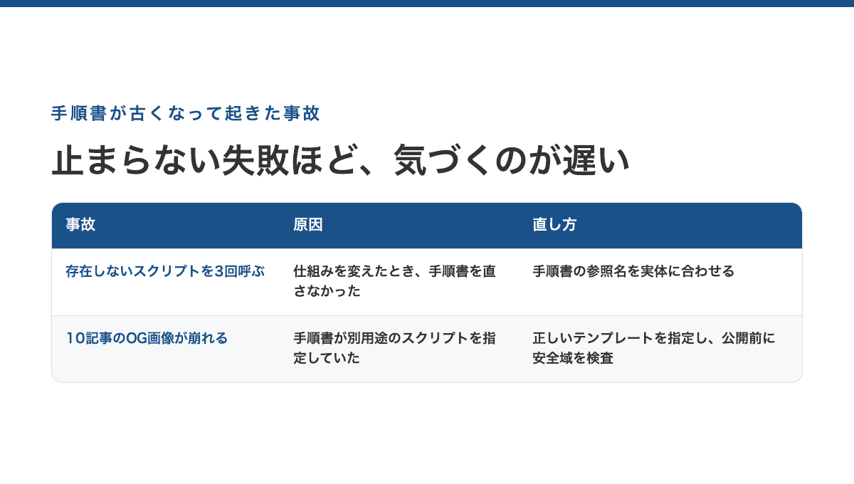 手順書が古くなって起きた2つの事故：存在しないスクリプトを3回続けて呼んだ、古い手順で10記事のOG画像が表示の安全域からはみ出した