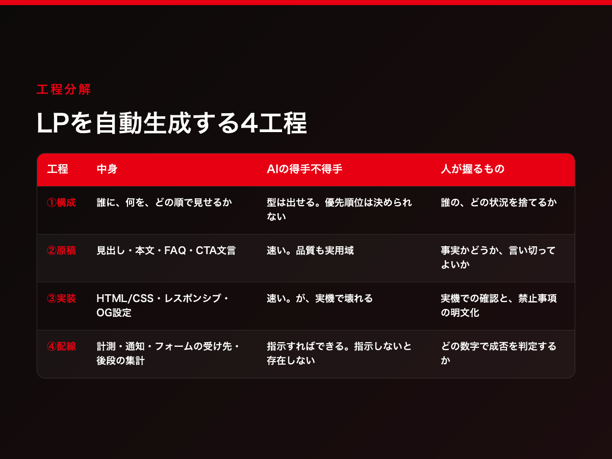 LP自動生成の4工程(構成・原稿・実装・配線)とAIの得手不得手