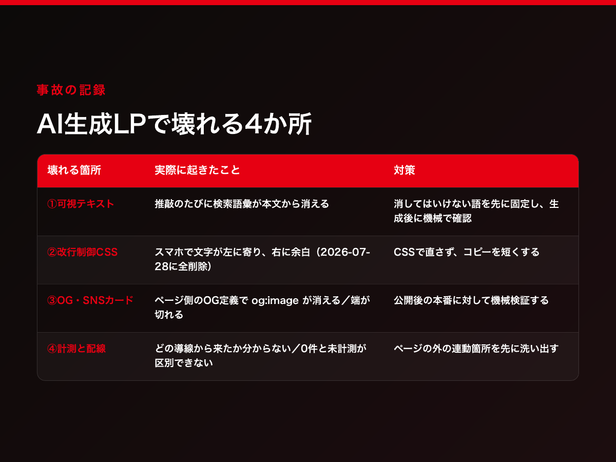 AI生成LPで壊れる4か所と、それぞれの対策